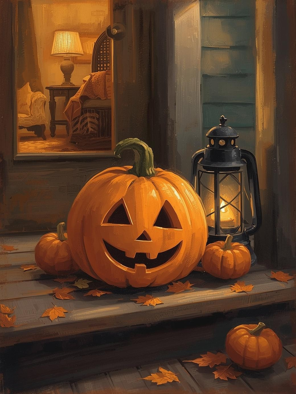 Paint by Number Happy Jack O’ Lantern on Wooden Porch – Warm DIY Paint by Number Kit