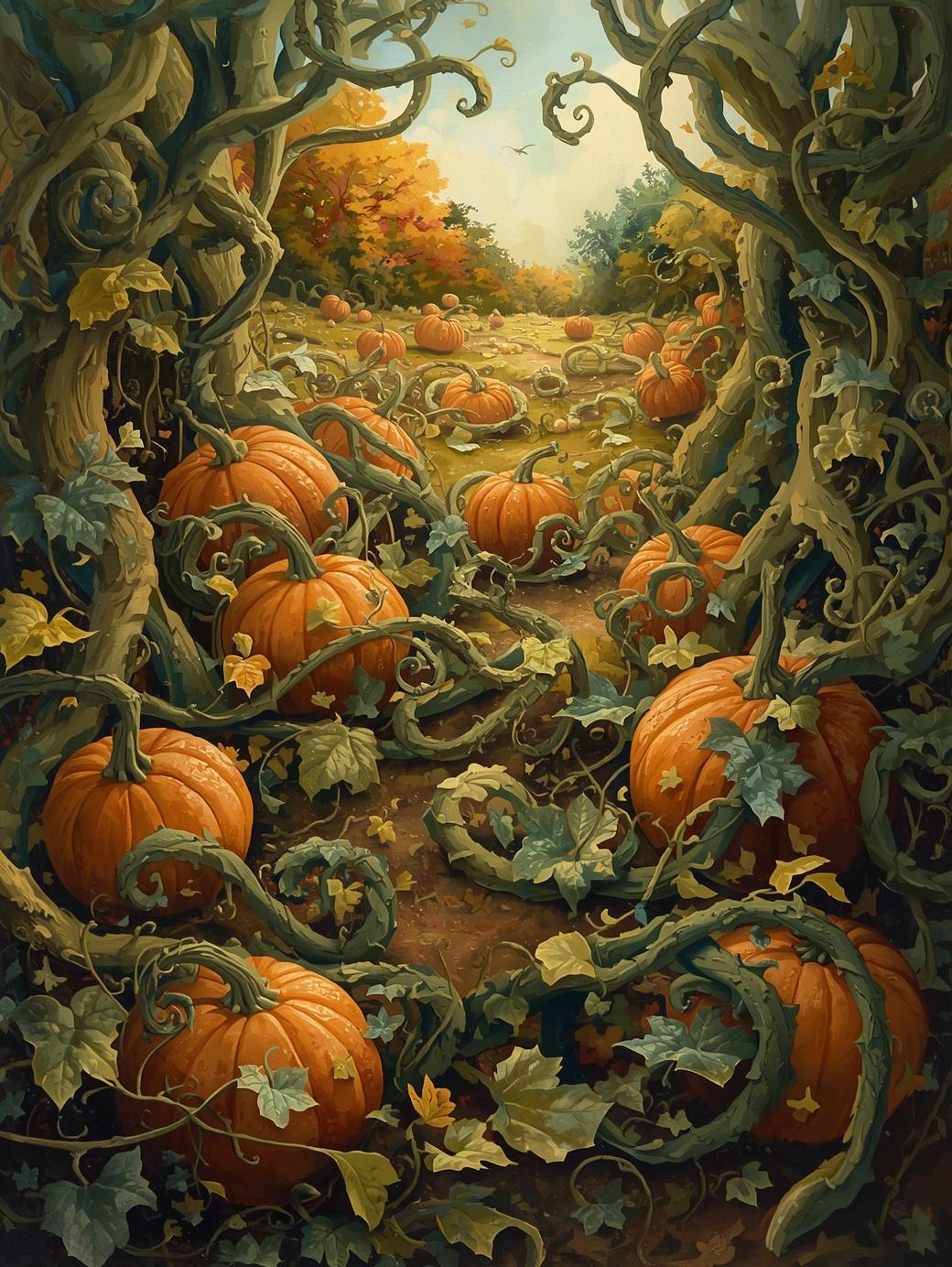 Paint by Number Overgrown Pumpkin Patch with Vines – Rustic Autumn Paint by Number Kit for Adults