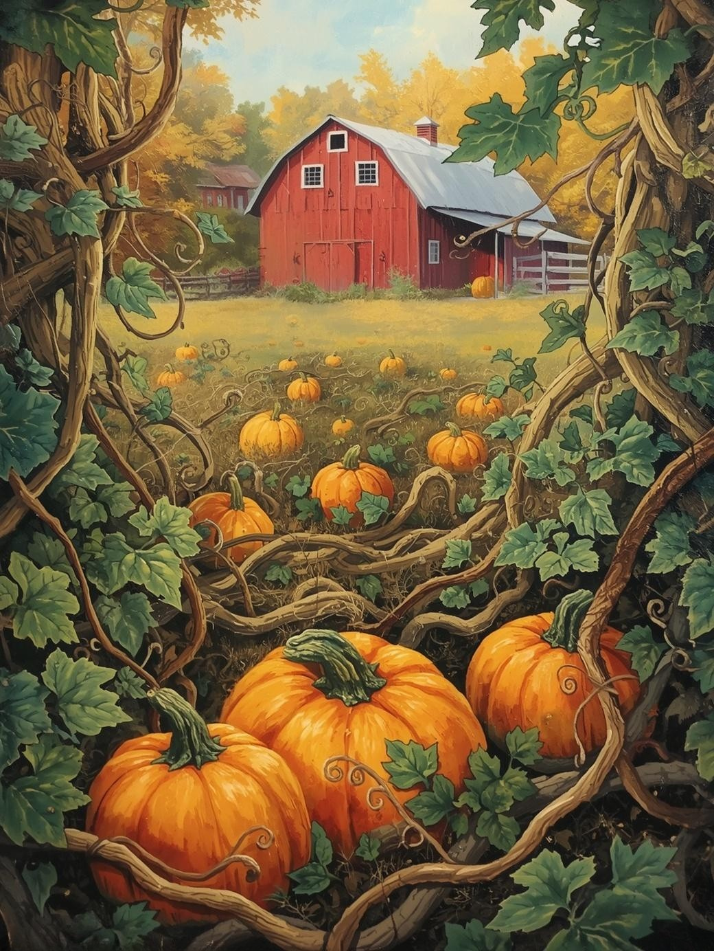 Paint by Number Pumpkin Patch with Red Barn – Cozy Fall Paint by Number Kit for Adults