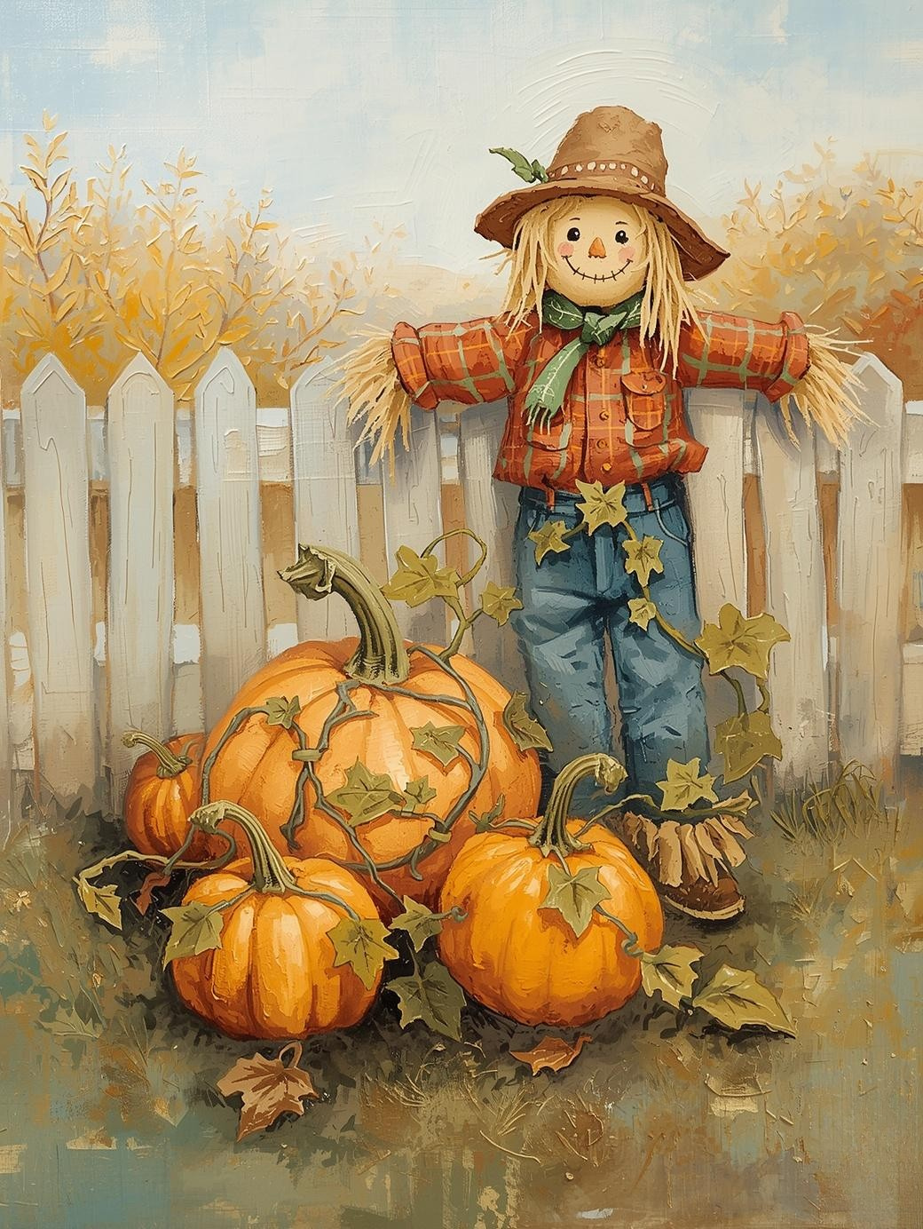 Paint by Number Simple Pumpkin Patch with Scarecrow – Rustic DIY Paint by Number Kit for Adults