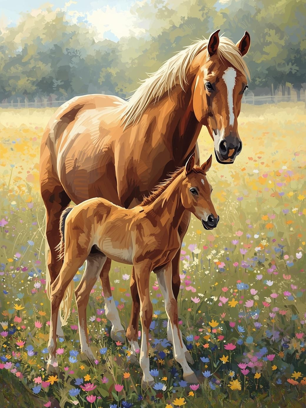 Paint By Number Chestnut Mare and Foal – Heartwarming Horse Portrait