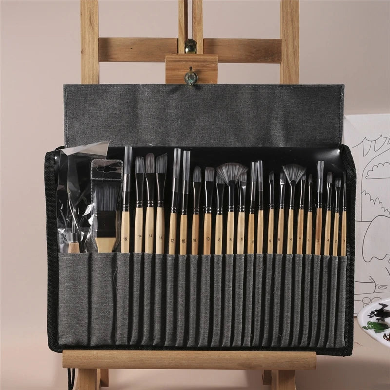 24 Piece Premium Artist Paint Brush Set with Roll up Pouch