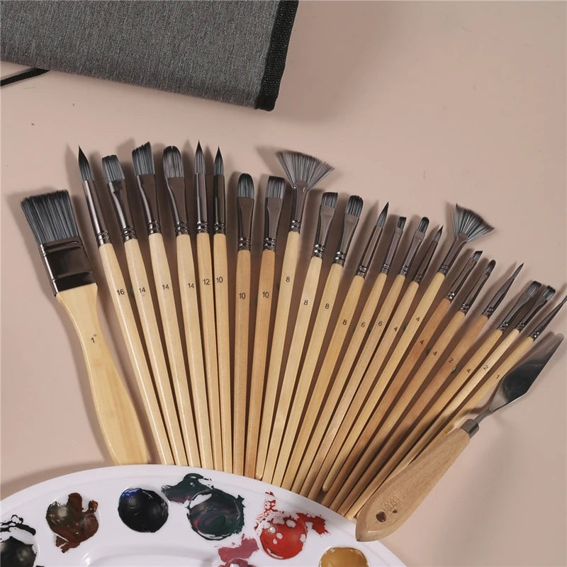 24 Piece Premium Artist Paint Brush Set with Roll up Pouch