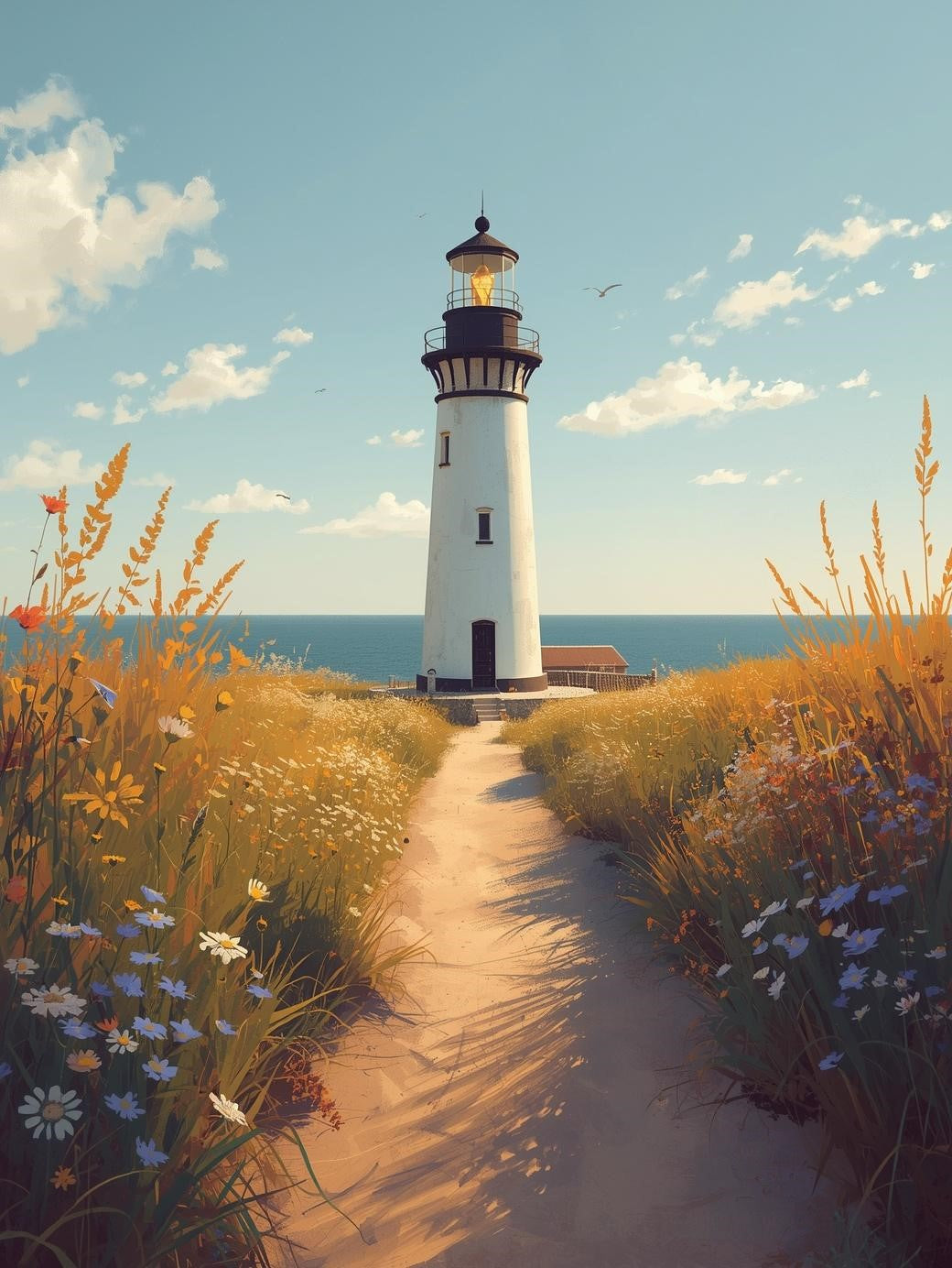Paint by Number Coastal Lighthouse Path Through Wildflower Meadow – Paint by Number Kit for Adults
