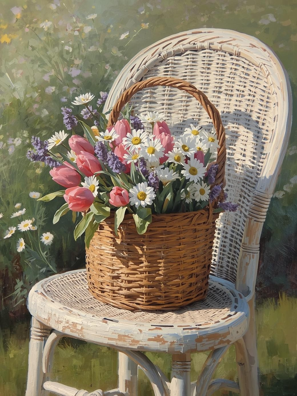 Paint by Number Spring Flowers on Vintage Wicker Chair – Cheerful DIY Canvas Kit for Adults, Vibrant Garden Bloom Painting