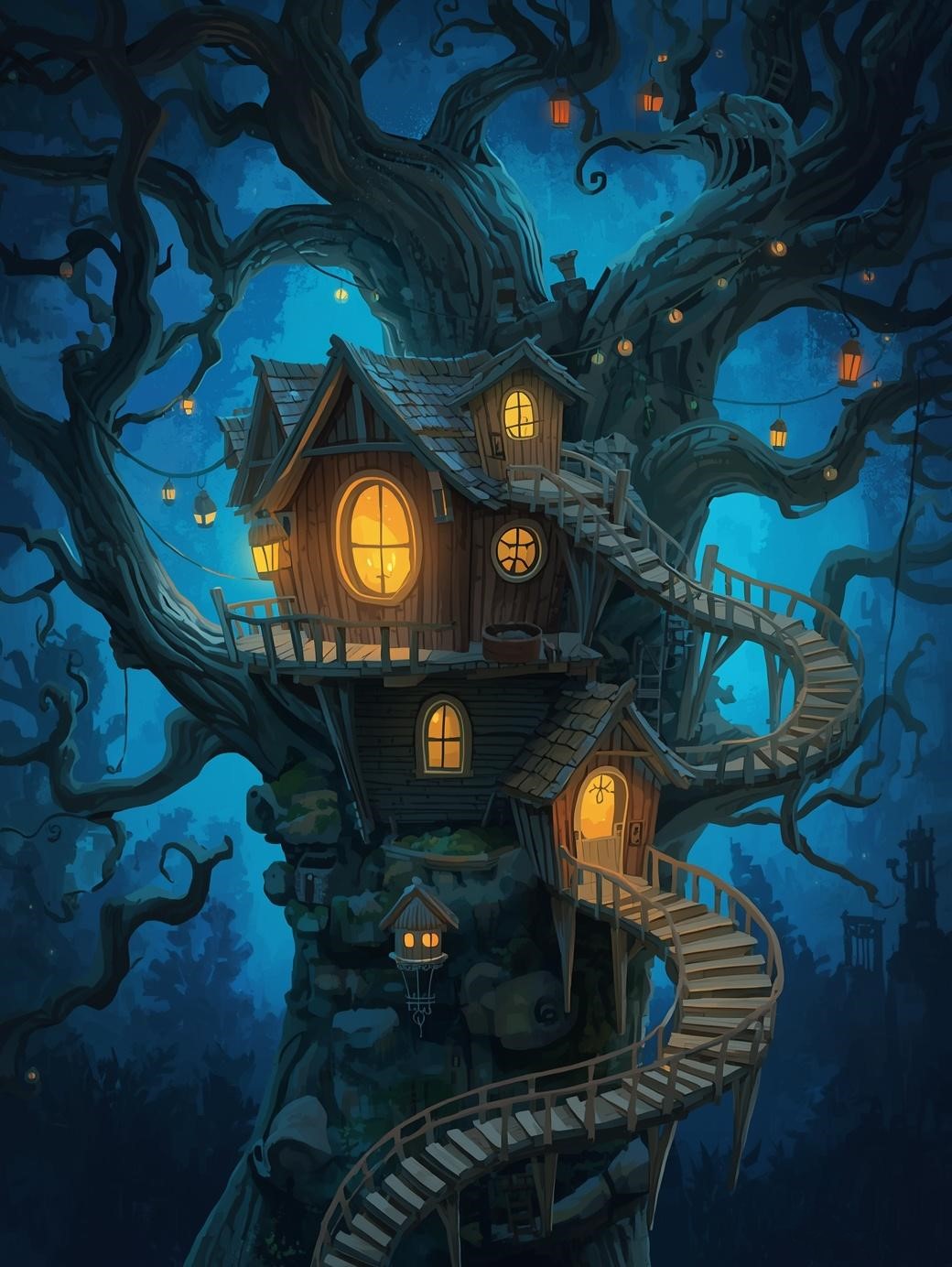 Paint by Number Midnight Treehouse Haven – Paint by Number Kit for Adults
