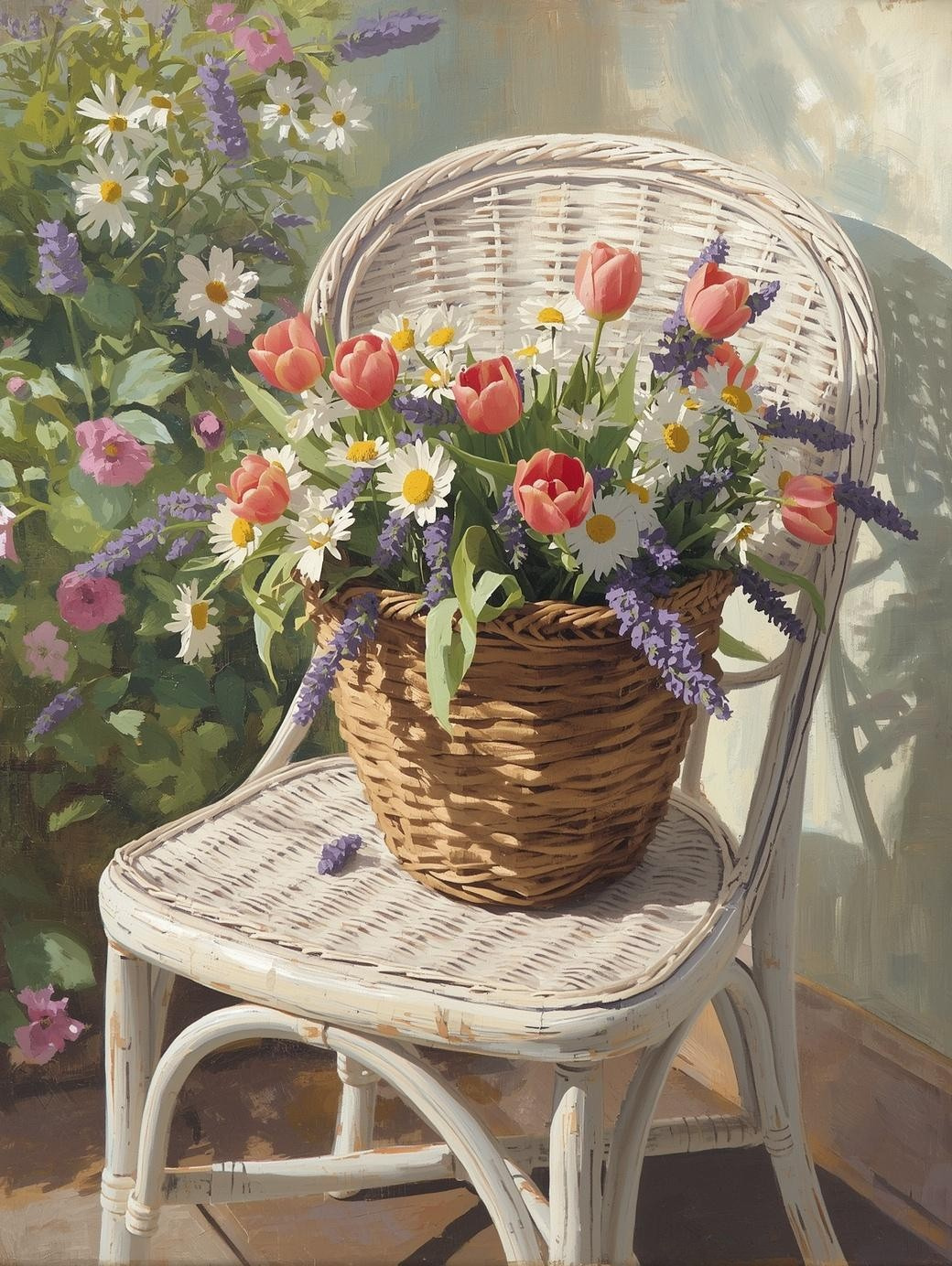Paint by Number Wildflowers on a White Wicker Chair – Bright DIY Canvas Kit for Adults, Serene Country Garden Art