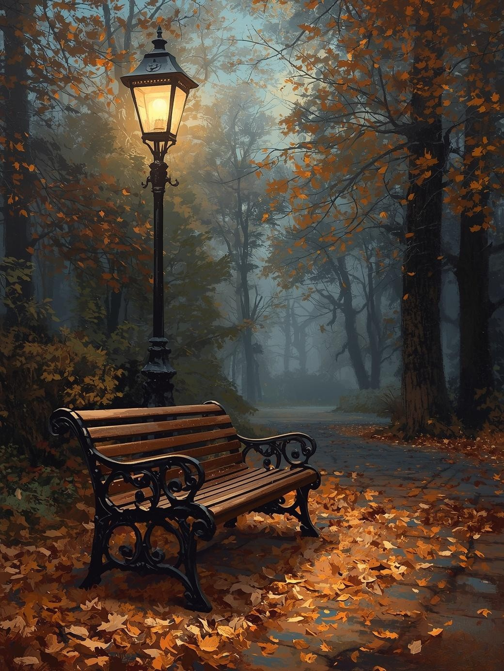 Paint by Number Autumn Park Bench with Street Light