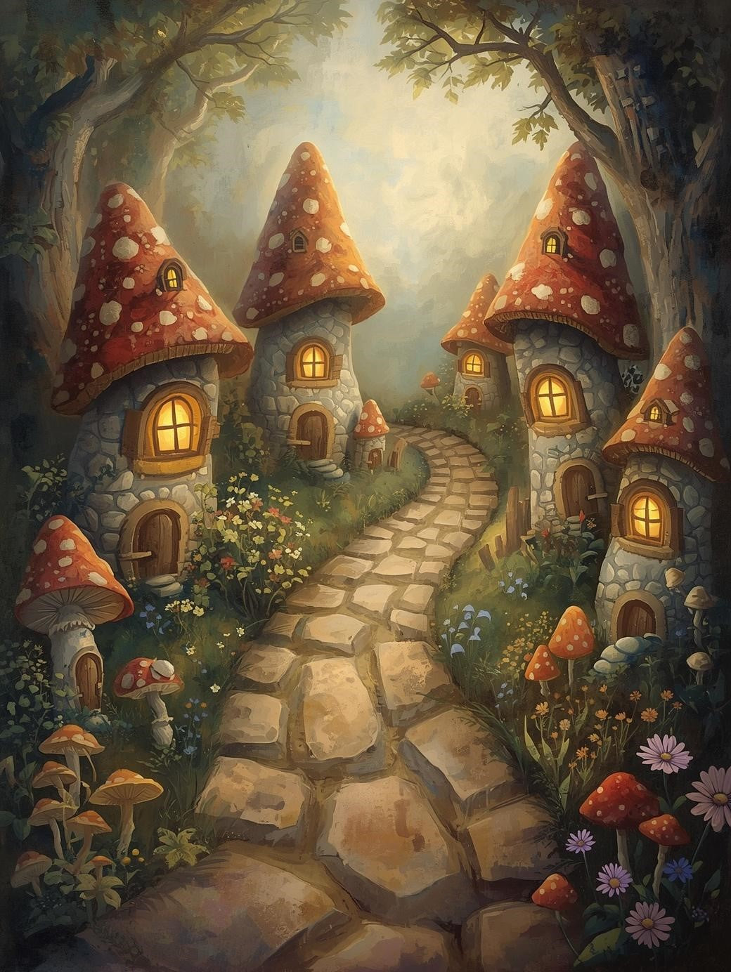 Paint by Number Whimsical Mushroom Village Path – DIY Paint by Number Kit