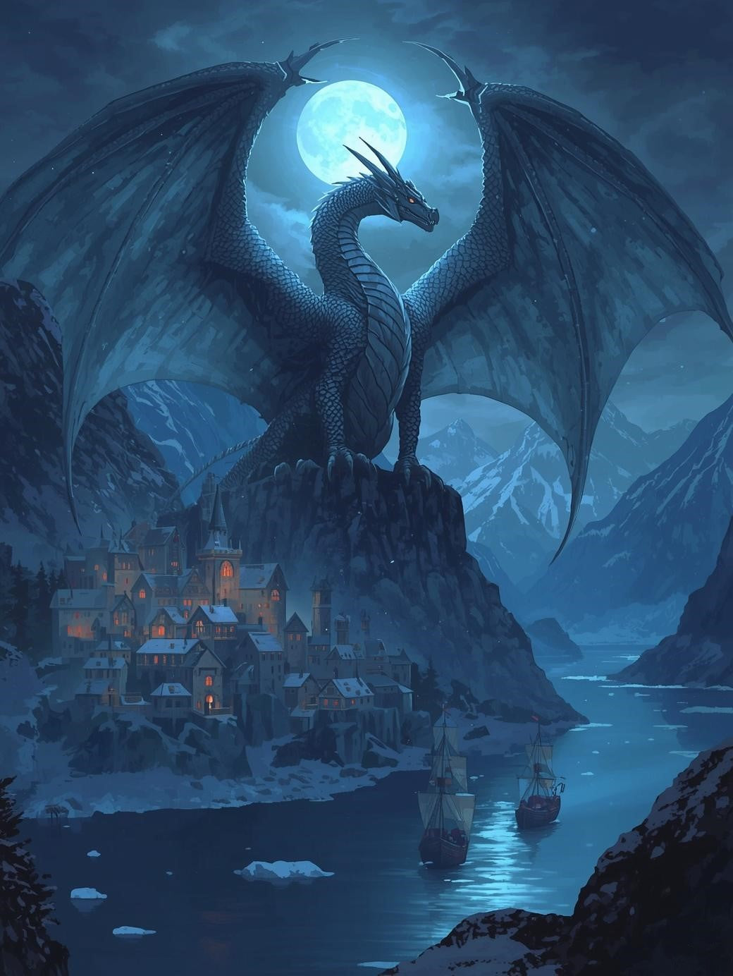 Paint by Number Moonlit Sapphire Dragon Above Medieval Harbor – Fantasy Canvas Art Kit