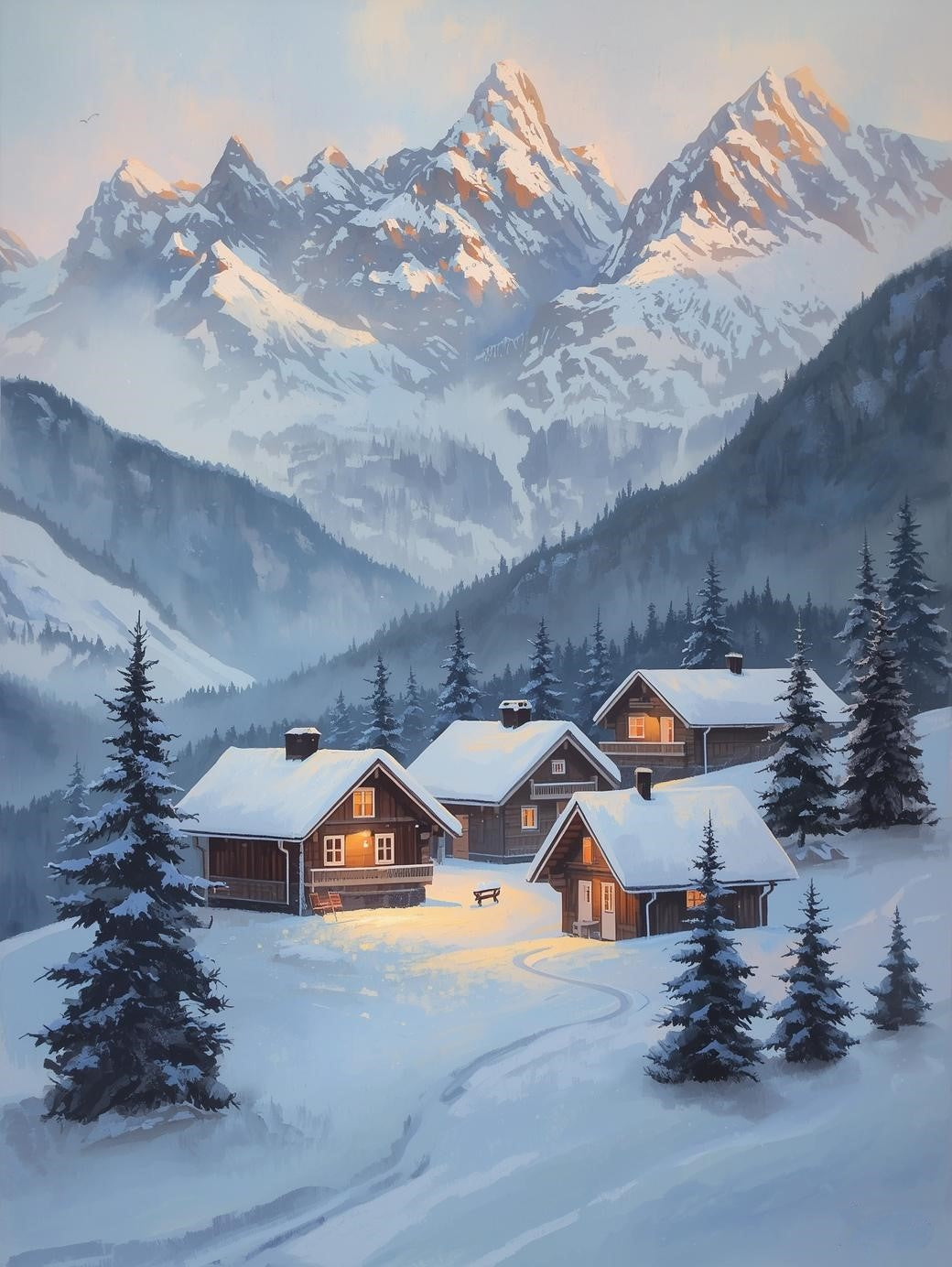 Paint by Number Snowy Mountain Village Cabins - DIY Paint by Number Kit for Adults