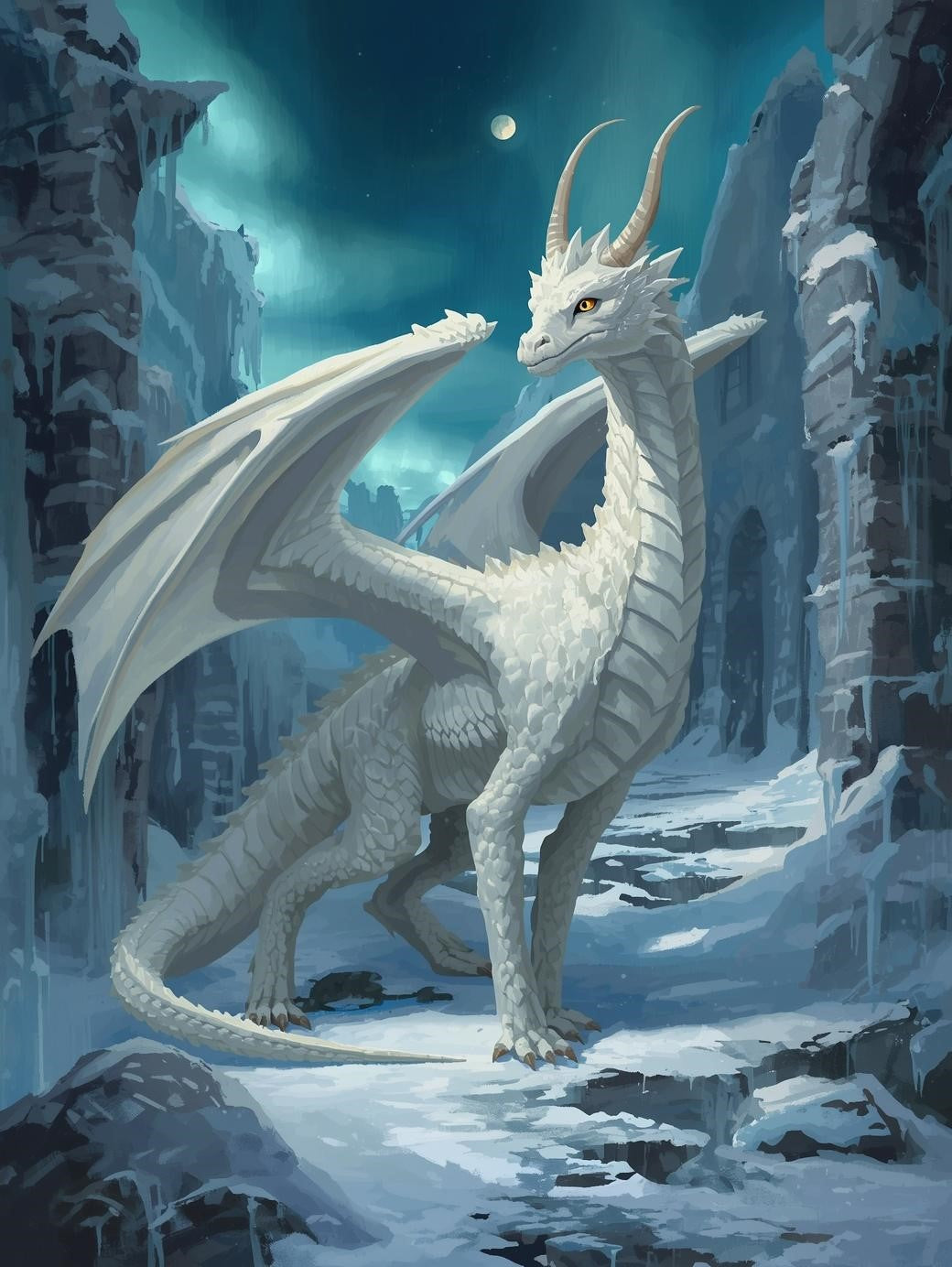 Paint by Number White Ice Dragon Beneath Northern Lights – Paint by Number for Adults