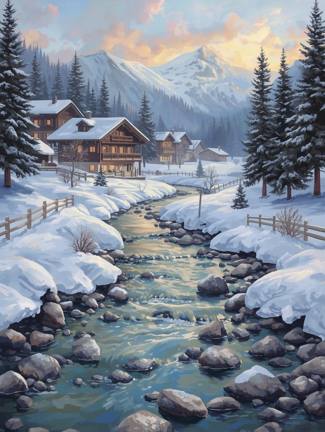 Paint by Number Winter Village Stream Scene - DIY Paint by Number Canvas Kit for Adults