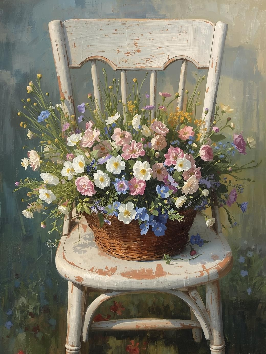 Paint by Number Cottage Wildflowers on Wicker Chair – Charming DIY Canvas Kit for Adults, Bright Cottage Garden Scene