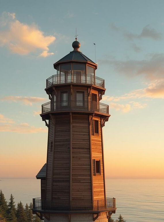 Paint by Number Wooden Lighthouse Tower at Sunset Over Calm Ocean – Paint by Number Kit for Adults