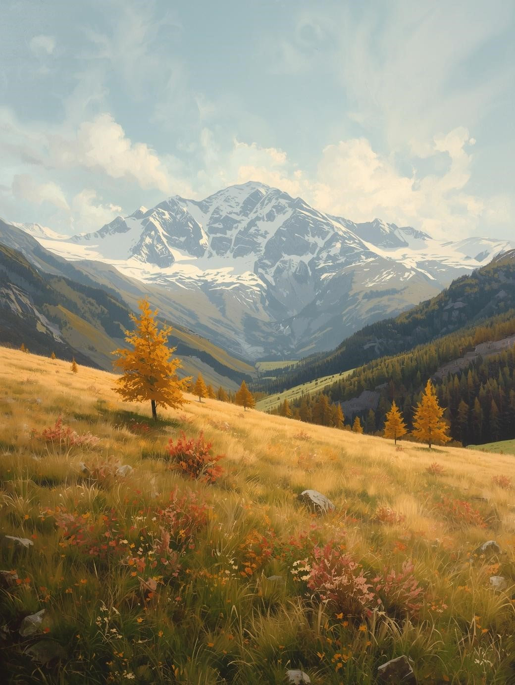 Paint by Number Snow-Capped Mountain Meadow in Autumn - DIY Canvas Paint by Number Kit