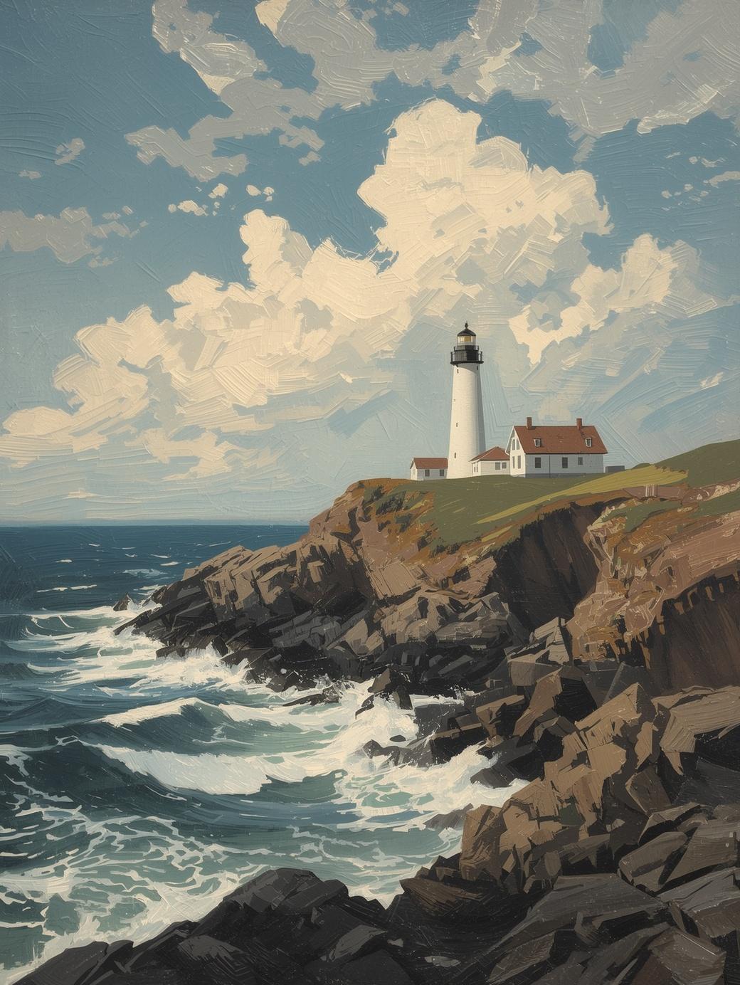 Paint by Number Lighthouse on Rocky Cliffs with Ocean Waves and Clouds – DIY Paint by Number Kit