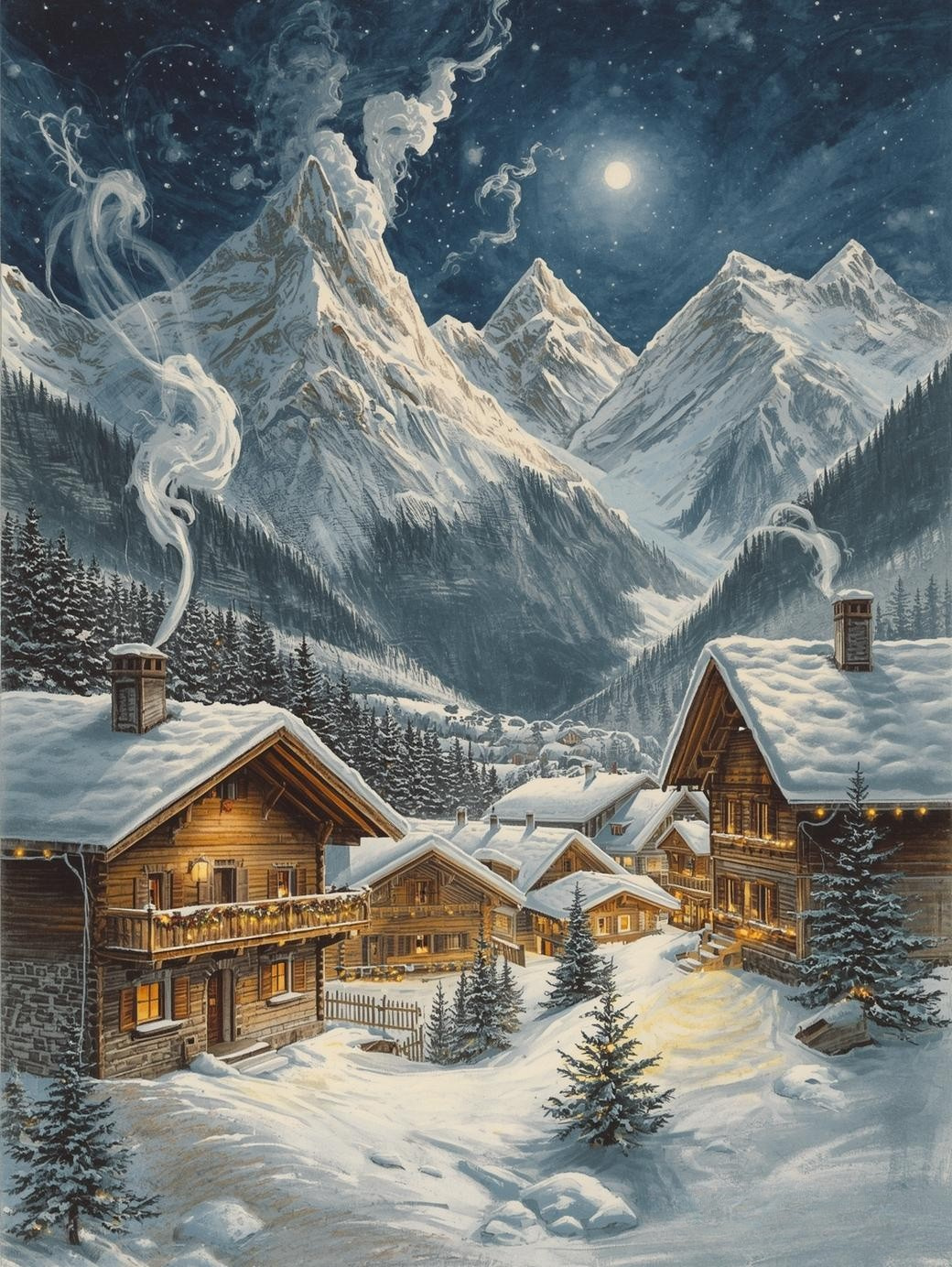 Paint by Number Alpine Village Under the Stars