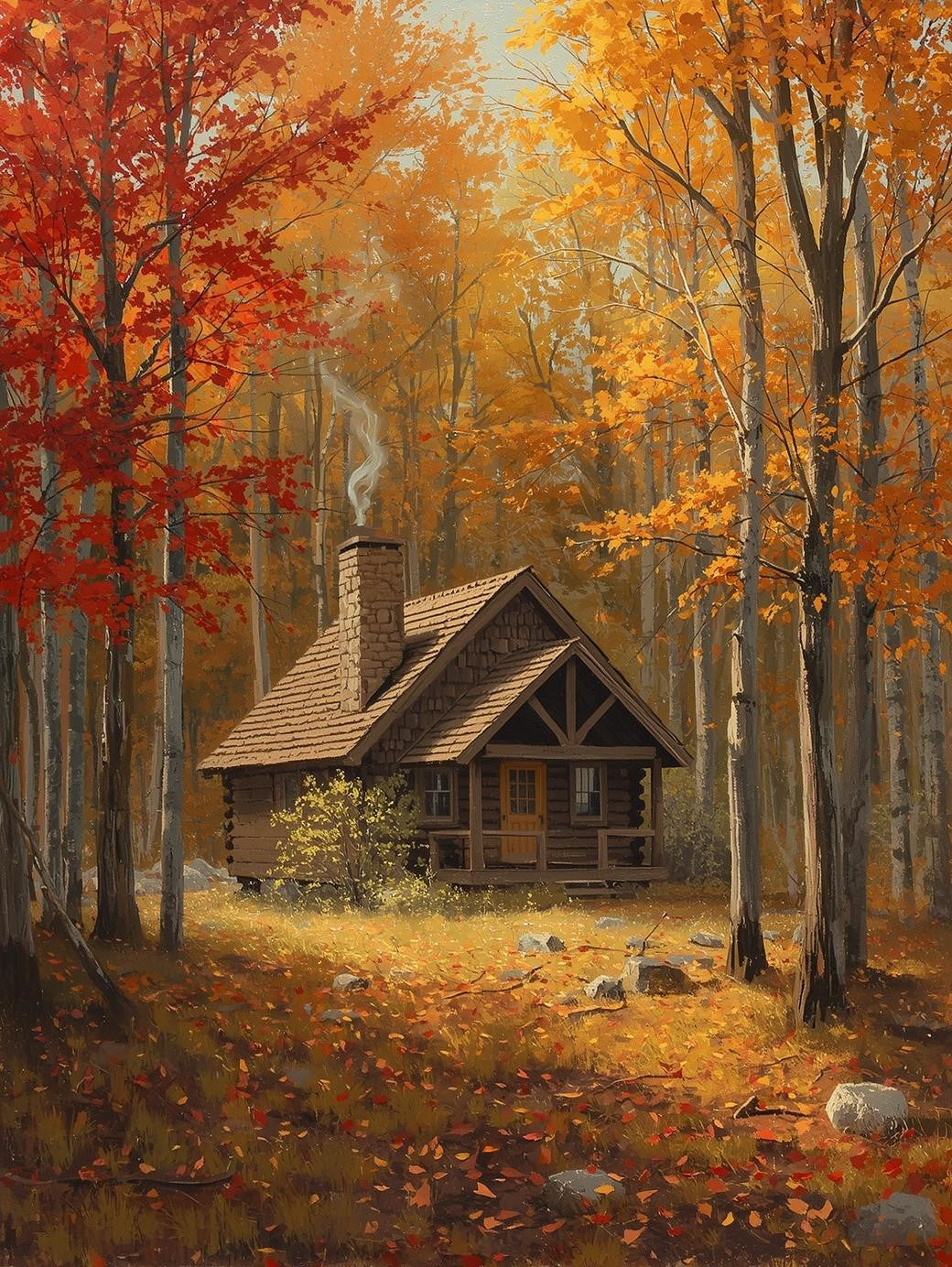 Paint by Number Rustic Cabin in Autumn Woods – Cozy Forest Scene Acrylic Painting Kit