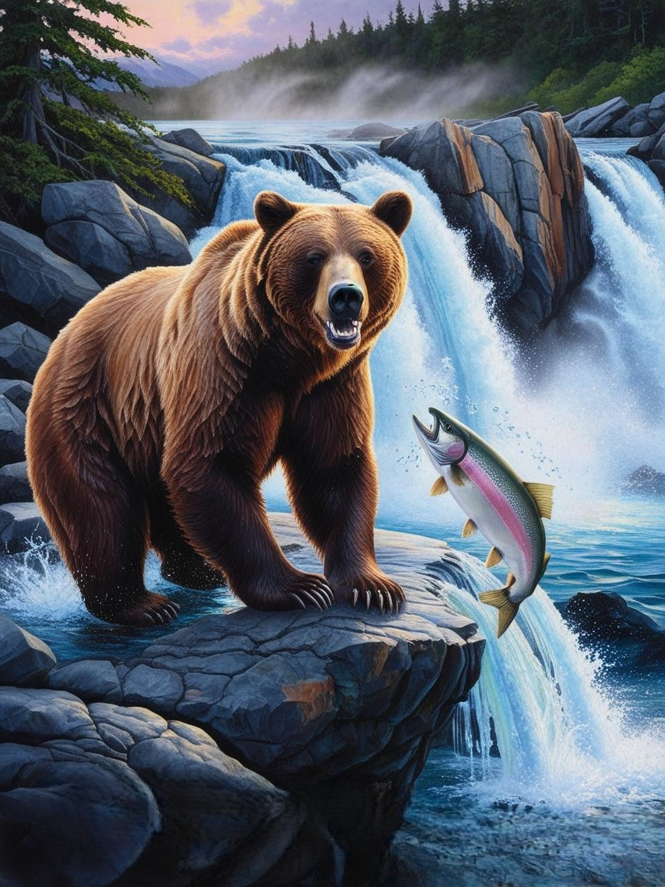 Paint by Number Katmai National Park (Alaska) -Brown Bear Catching Salmon at Brooks Falls