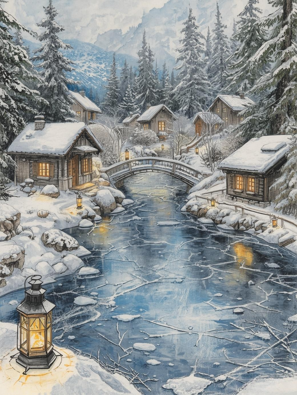 Paint by Number Frozen Pond With Alpine Cottages