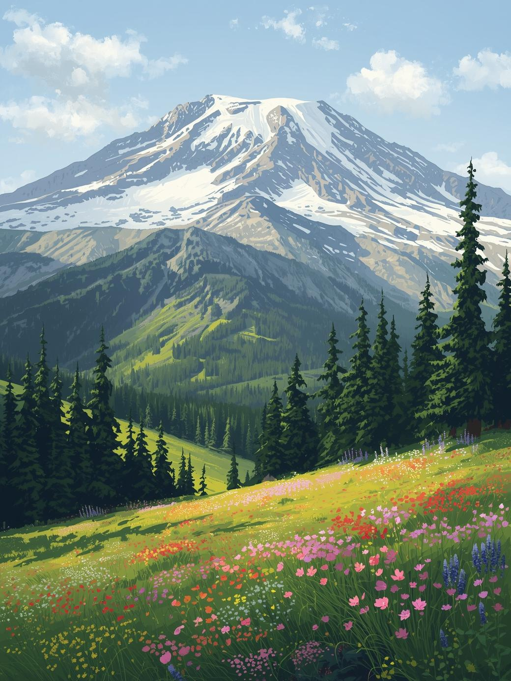 Mount Rainier National Park (Washington) – Paint by Number Snow-Capped Peak & Meadows