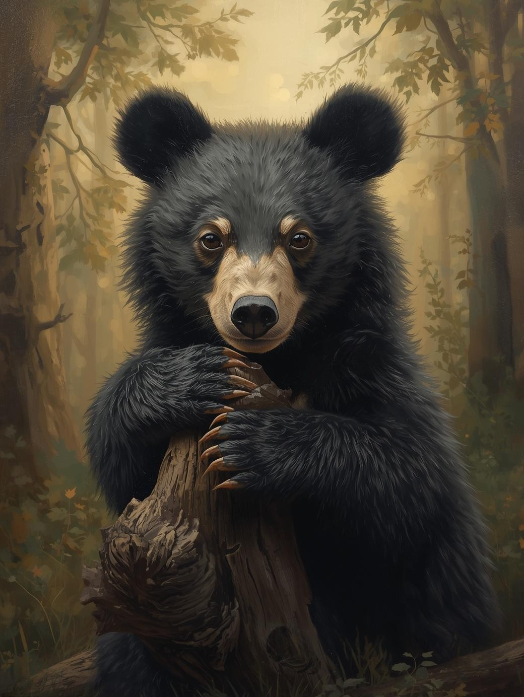 Paint By Number Curious Bear Cub Holding Tree Stump – Sweet Woodland Wildlife Art Kit