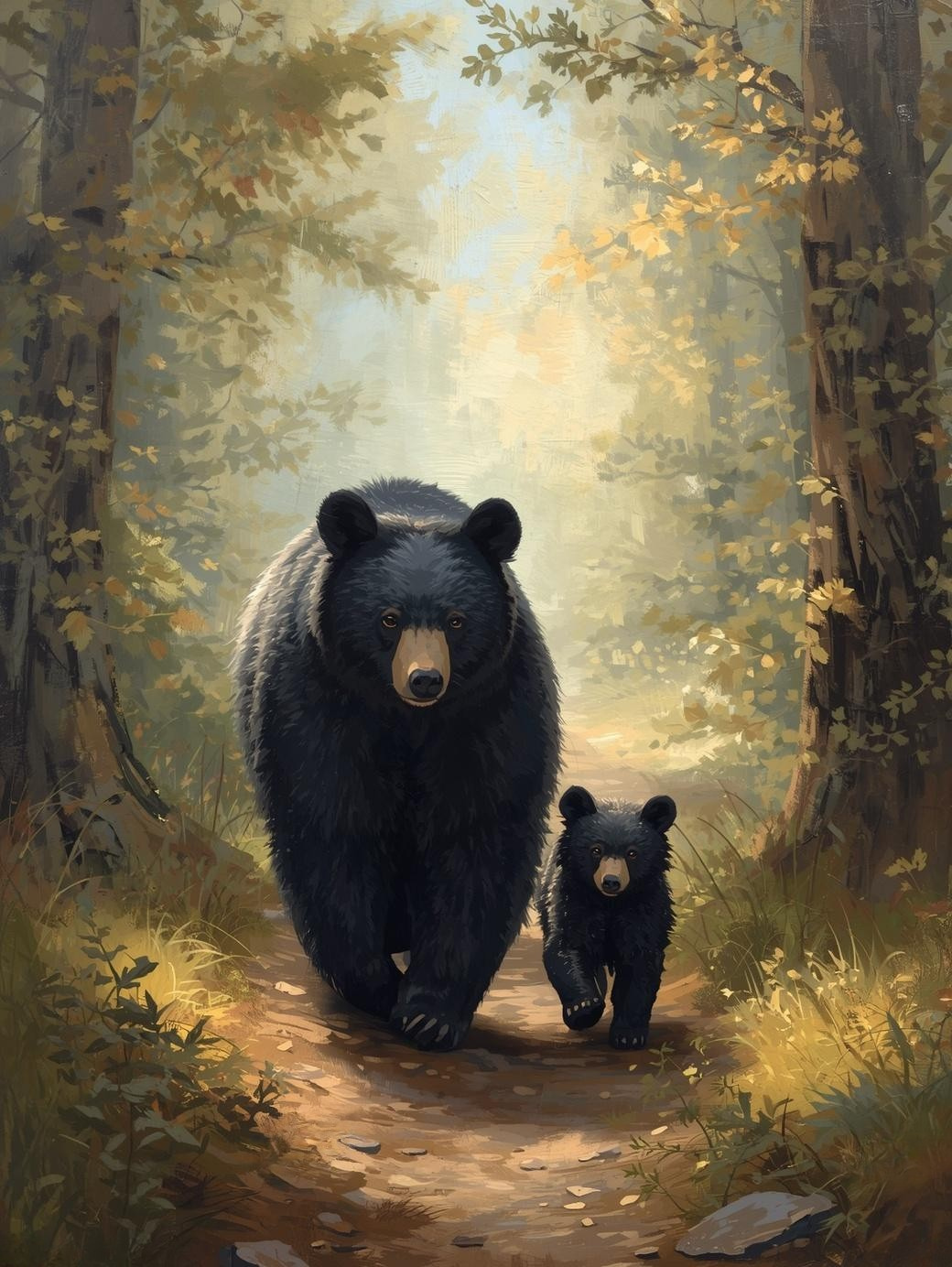 Paint By Number Mother Bear Protecting Cub in Woodland – Majestic Wildlife Painting Kit