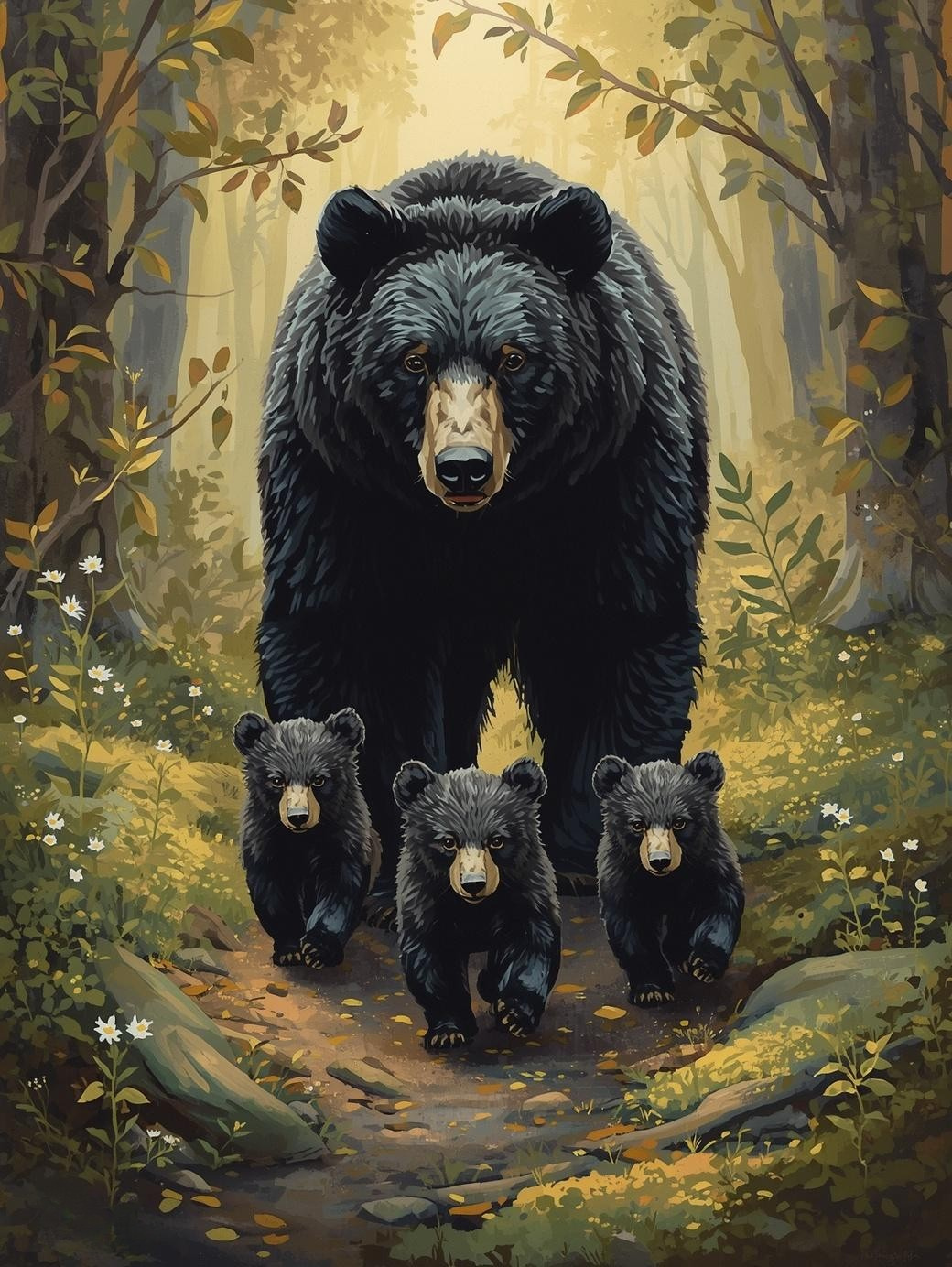 Paint By Number Mother Bear with Cubs in Forest – Heartwarming Wildlife Art Kit
