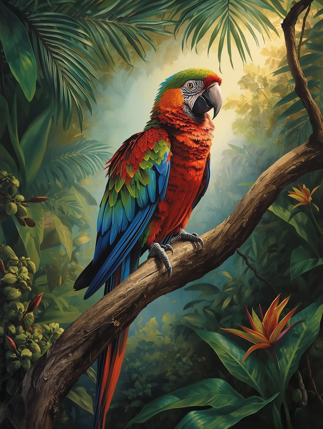 Paint by Number Rainbow Parrot on Branch – Colorful Tropical Acrylic Paint by Number Kit