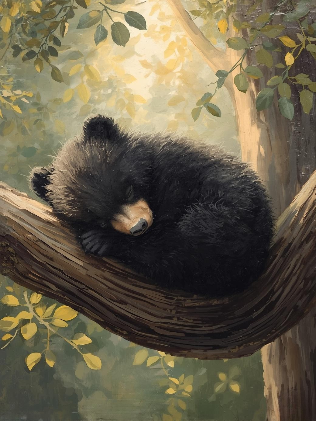Paint By Number Tender Moment Bear Cub Resting in Trees – Sweet Nature Art Kit for Bear Lovers
