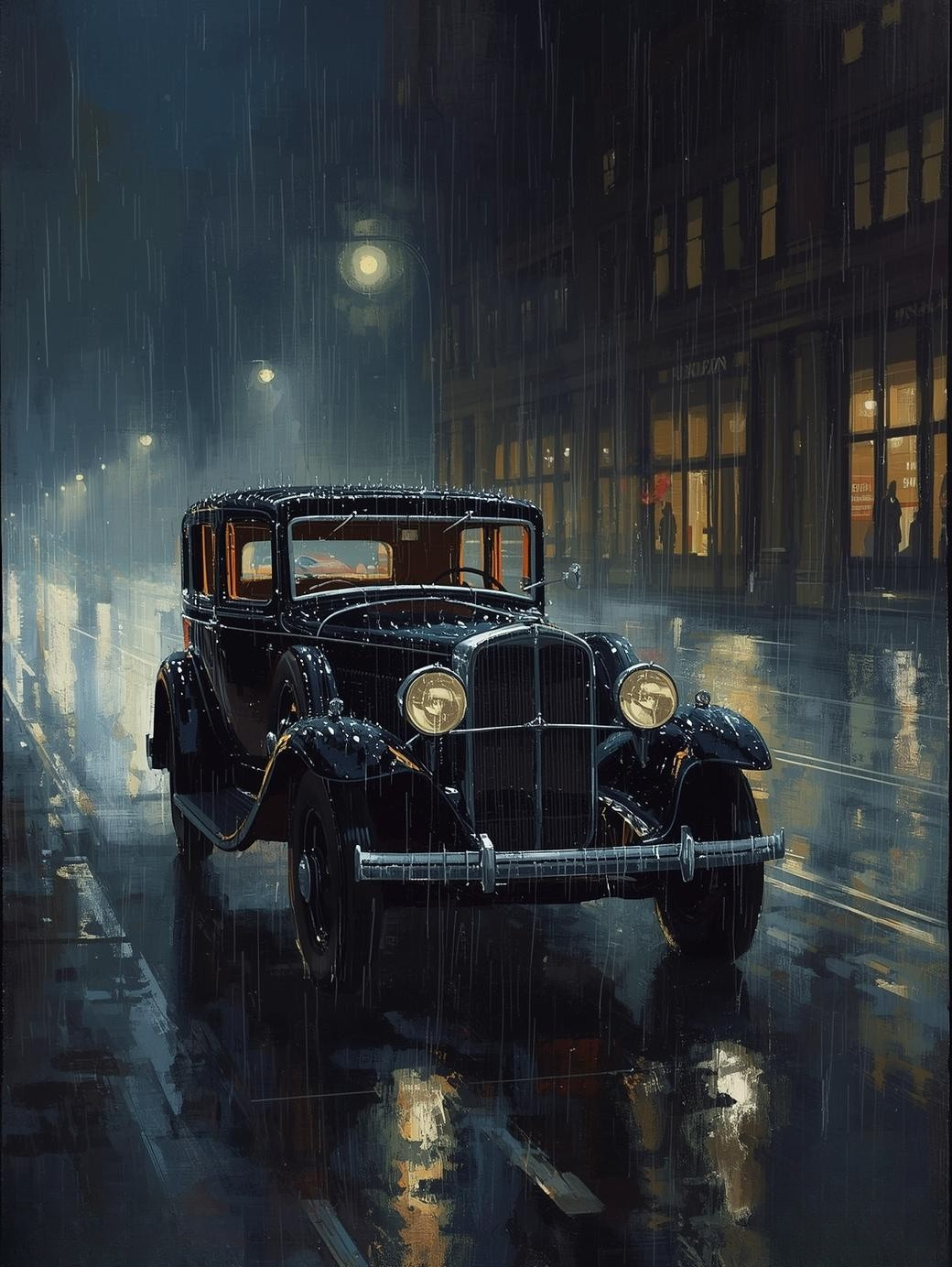 Paint by Number Antique Sedan on Rainy Street – Vintage City Nights Acrylic Paint by Number Kit