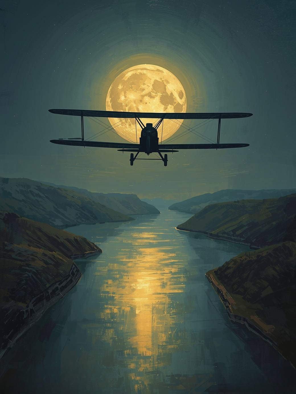 Paint by Number Biplane Flying Past Full Moon – Dreamy Night Aviation Wall Art Canvas DIY Kit for Adults