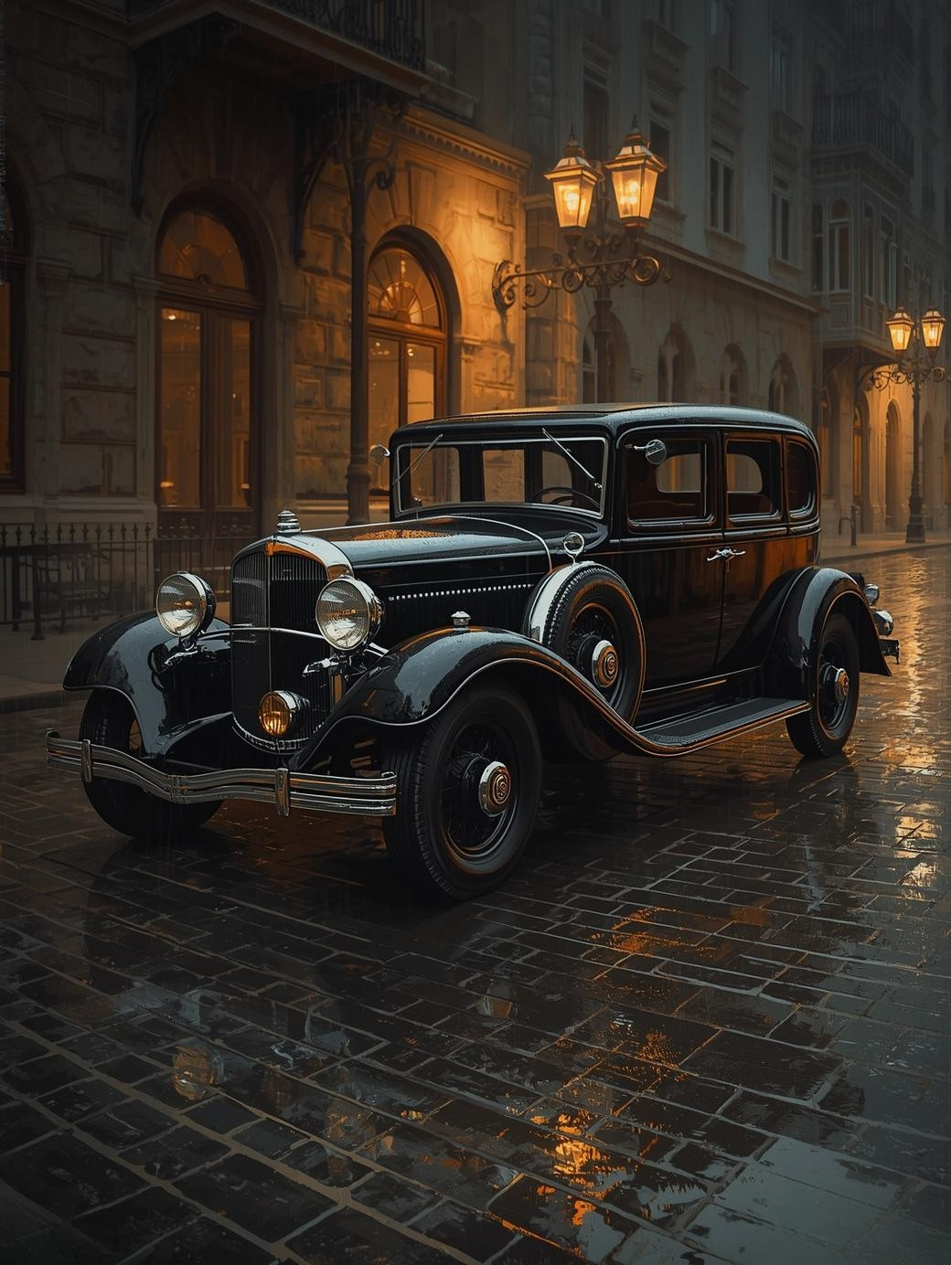 Paint by Number 1930s Car in Rainy Night – Noir Street Scene Canvas DIY Kit for Adults