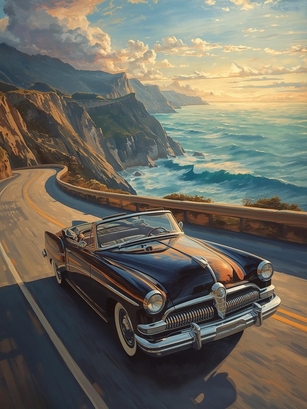 Paint by Number Classic Car Over Ocean Cliffs – Golden Sunset Drive Acrylic Paint by Number Kit