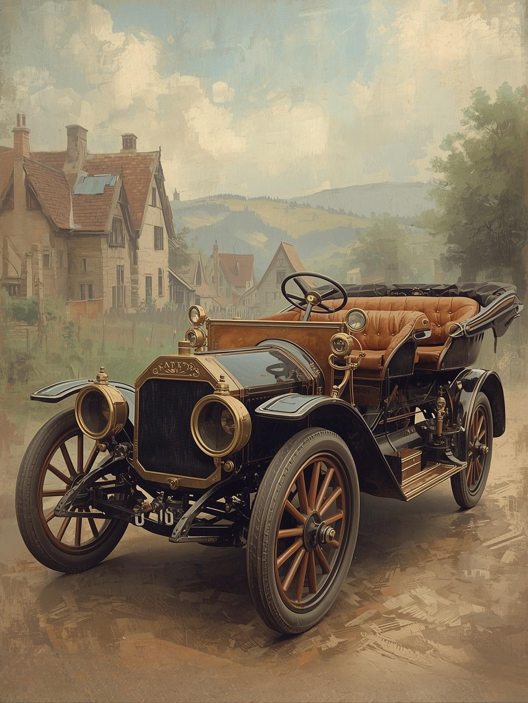 Paint by Number Antique Car in Village Landscape – Charming European Scene Canvas DIY Kit for Adults