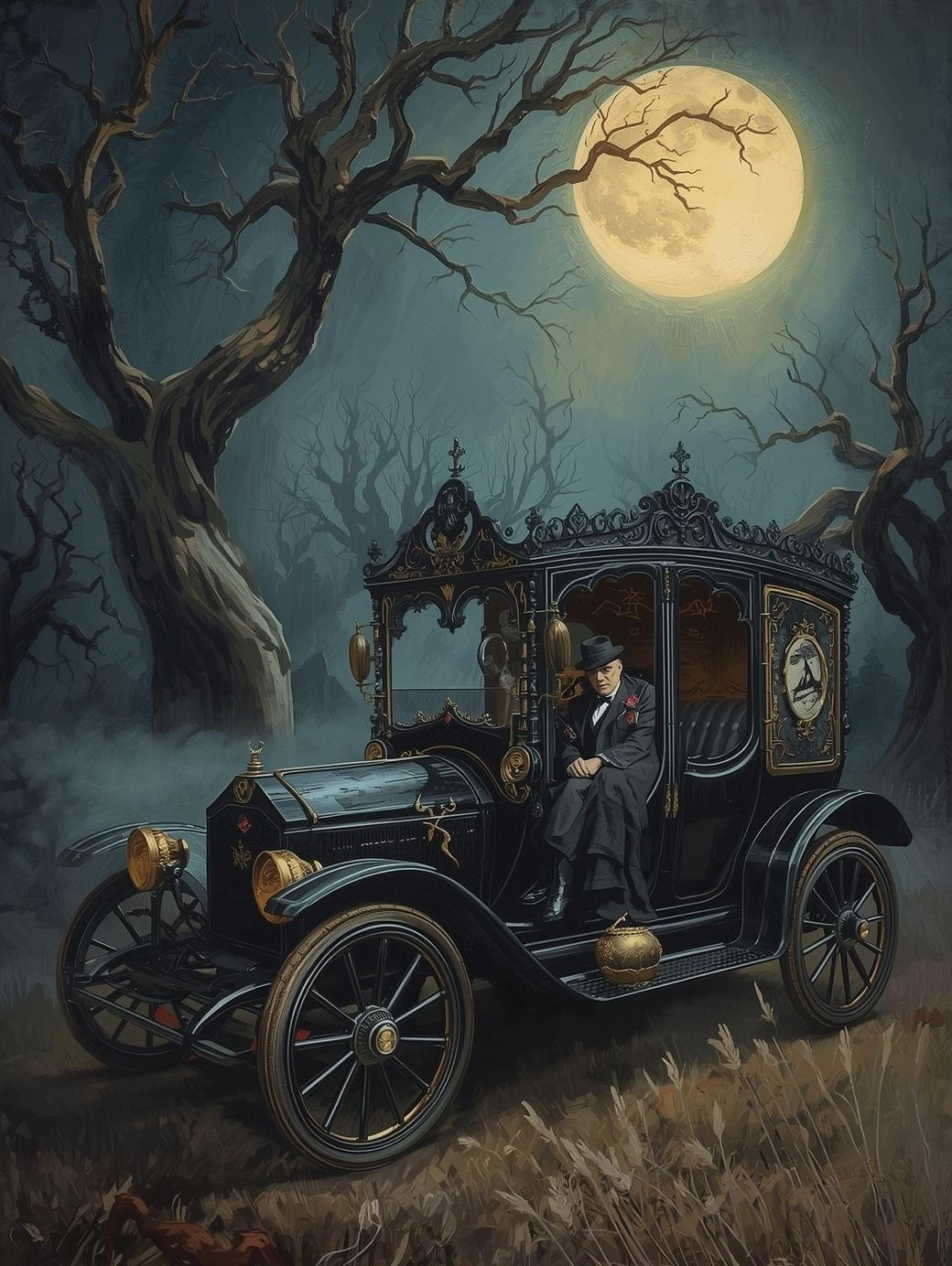 Paint by Number Victorian Hearse Under Moonlit Sky – Elegant Gothic Acrylic Paint by Number Kit