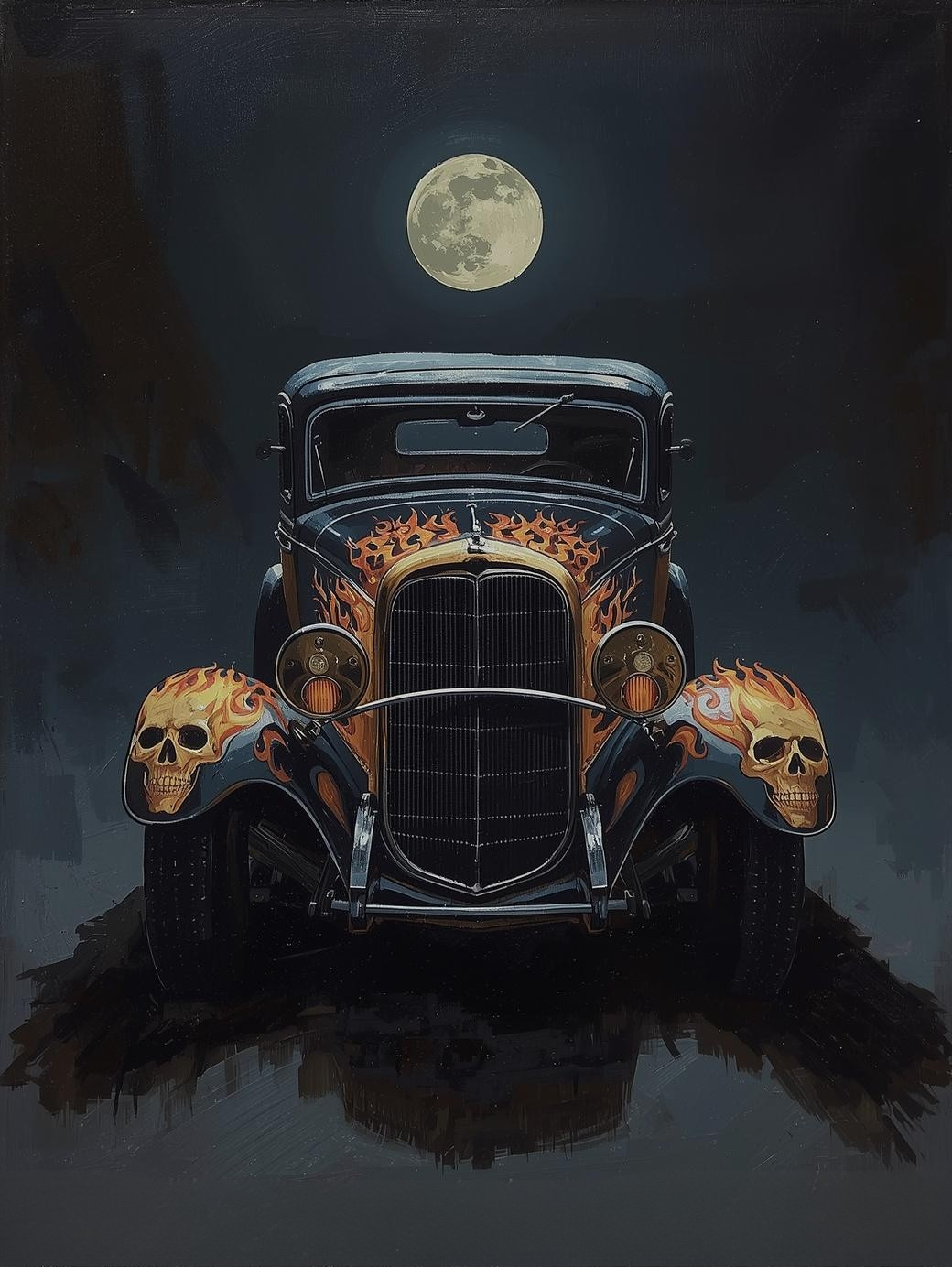 Paint by Number 1930s Gangster Car with Skull Flames – Dark Vintage Muscle Wall Art DIY Paint Kit for Adults