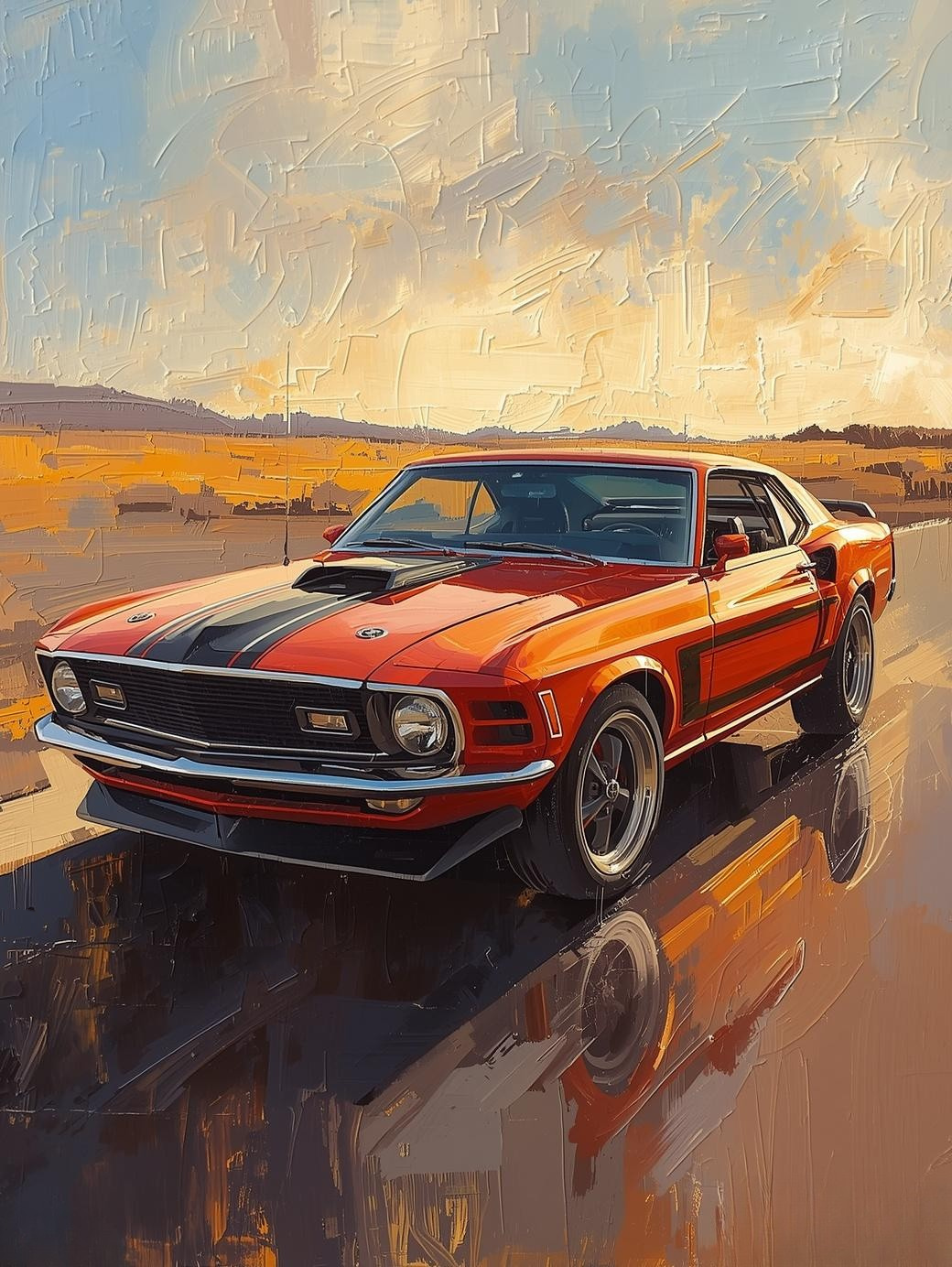 Paint by Number Vintage Muscle Car at Sunset – Golden Hour Classic Car Wall Art Canvas DIY Kit for Adults