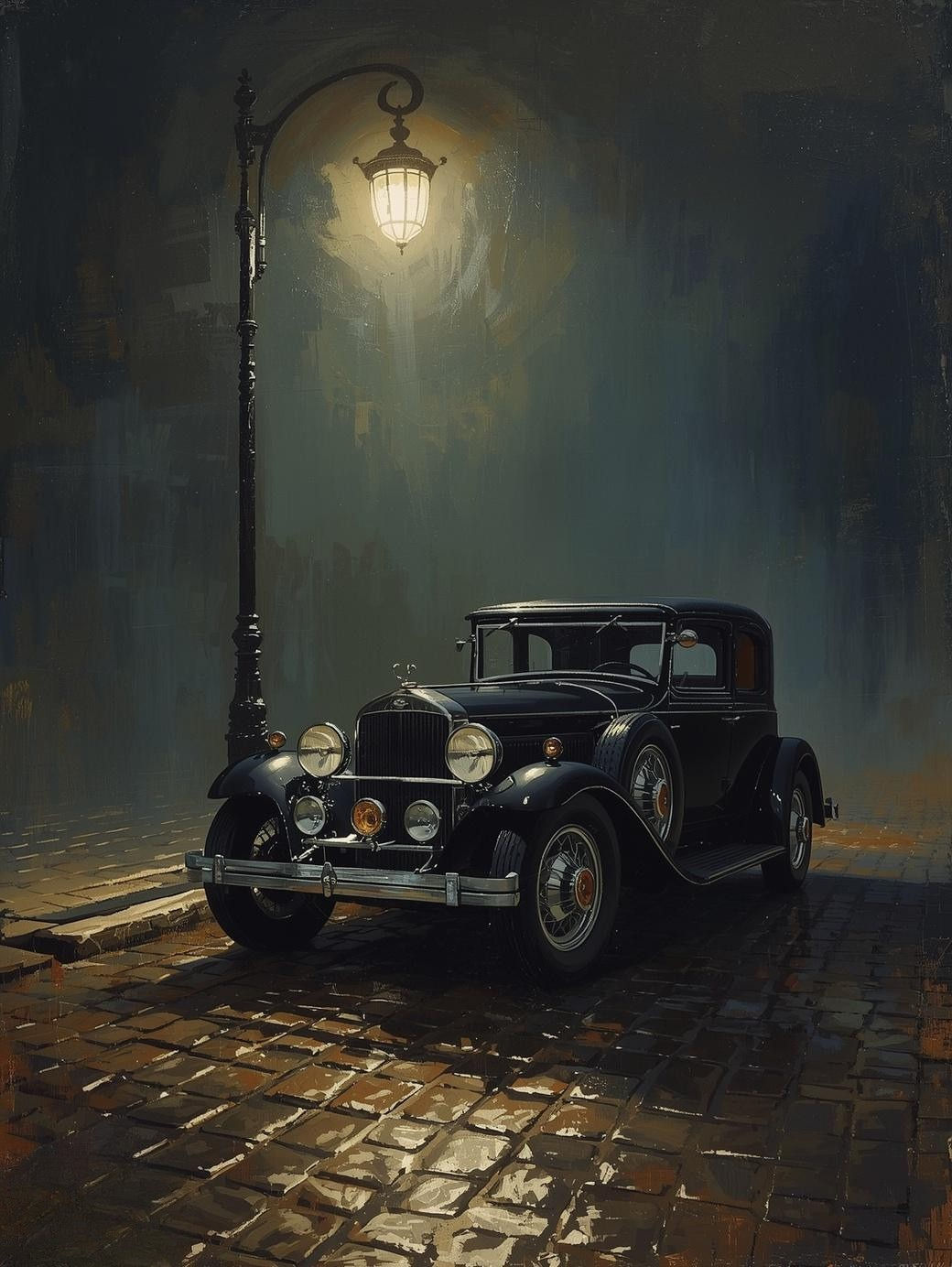 Paint by Number Vintage Prohibition Car Under Street Lamp – Noir City Wall Art Canvas DIY Kit for Adults