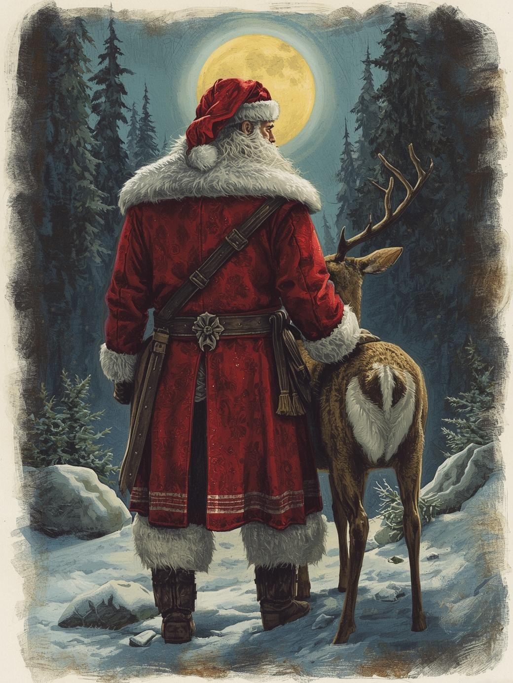 Paint by Number Santa and Reindeer Gazing at Full Moon in Forest – Adult DIY Art Kit