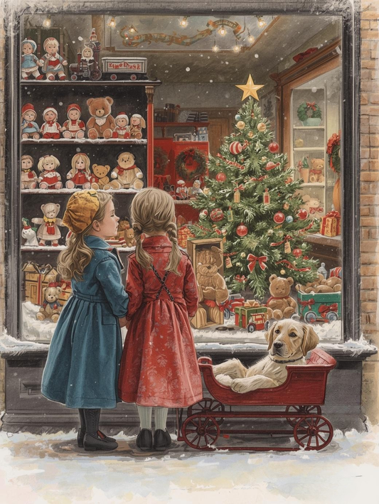 Paint by Number Winter Village Charm – Golden Retriever in Red Wagon