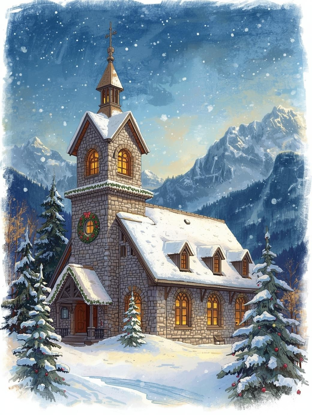 Paint by Number Snowfall Over Village Church