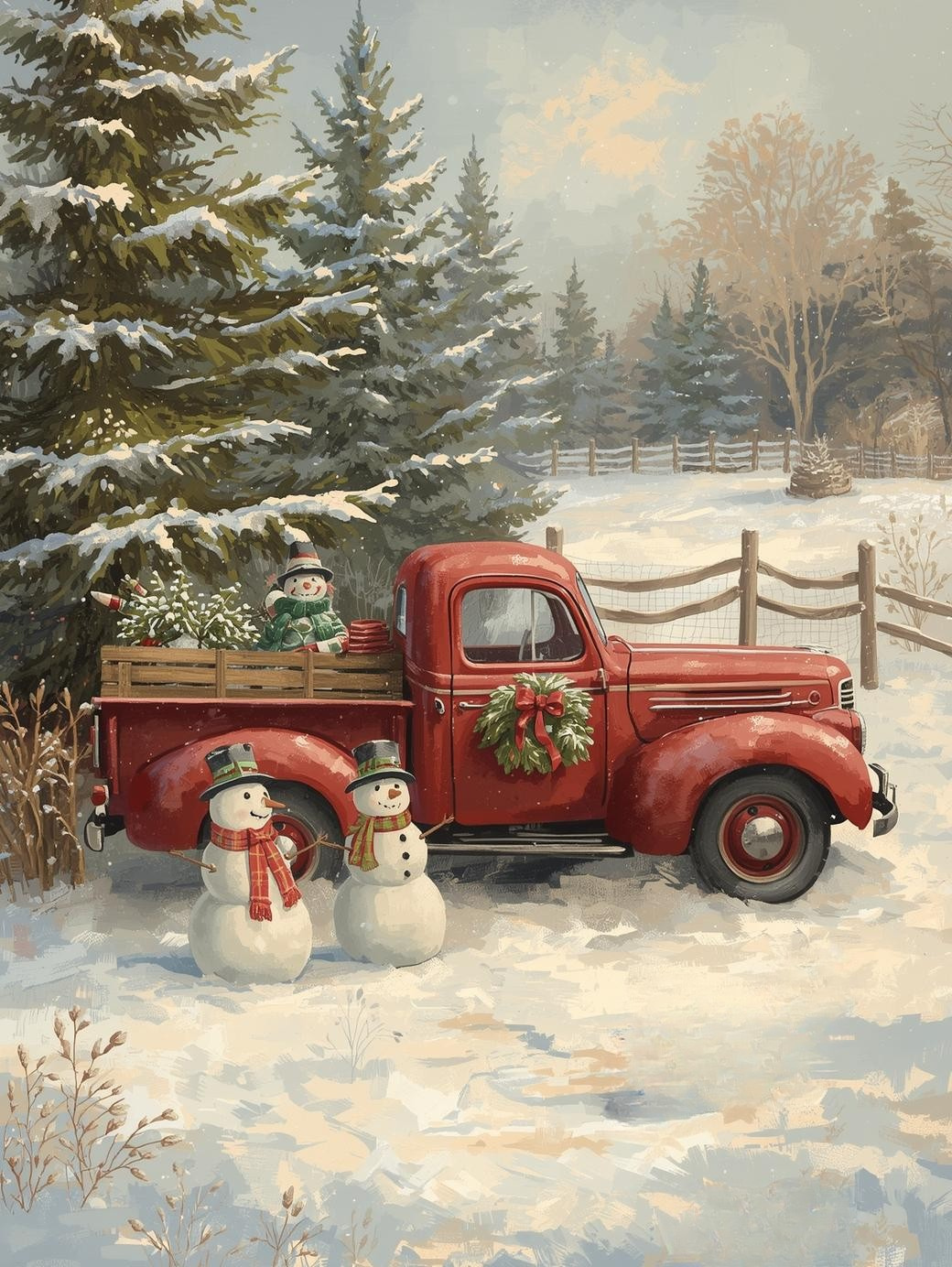 Paint by Number Vintage Truck and Snowmen at the Christmas Tree Farm