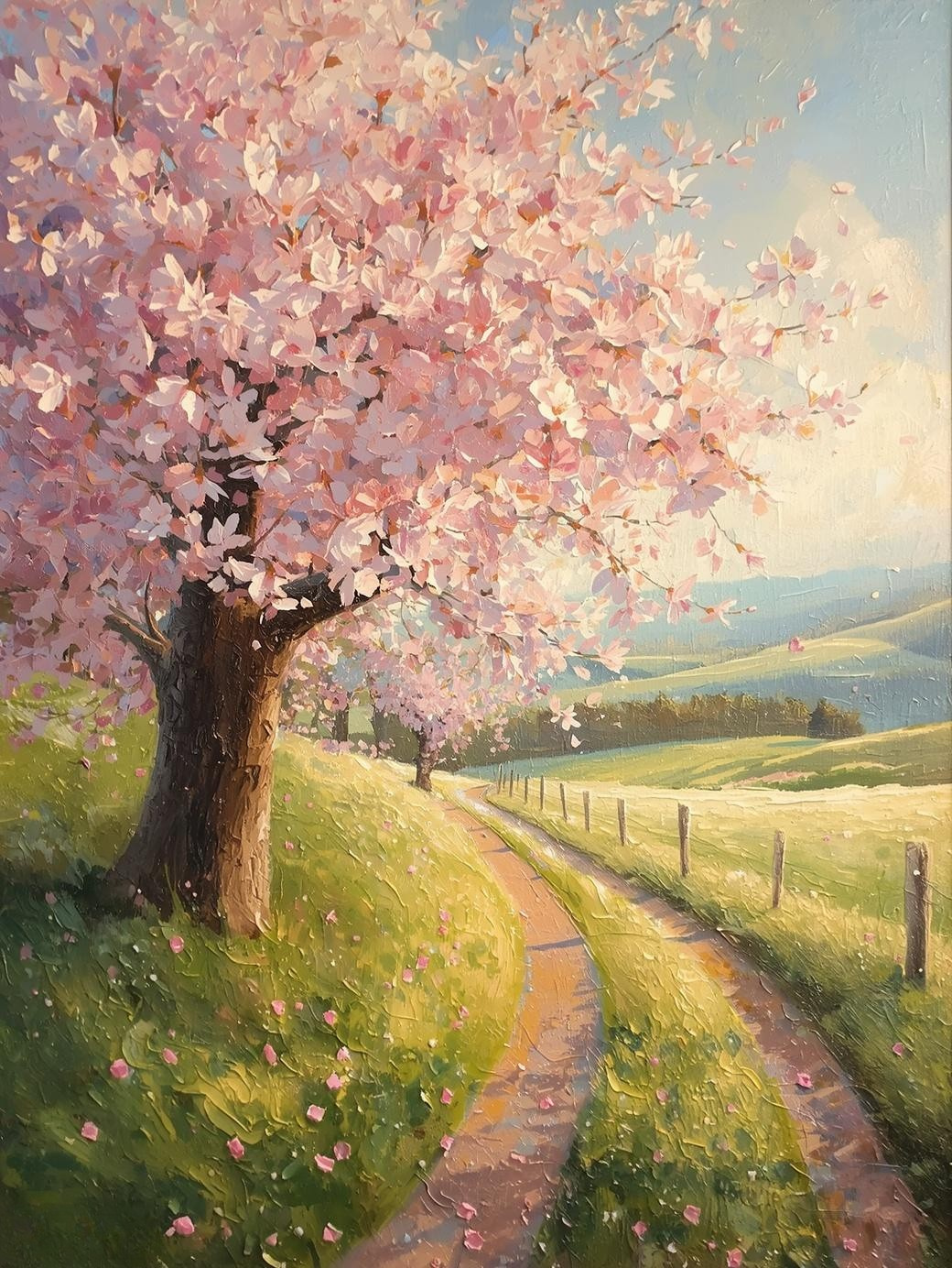 Paint By Number Blooming Cherry Blossom Tree – Adult Canvas DIY Kit, Colorful Spring Garden & Flower Scene
