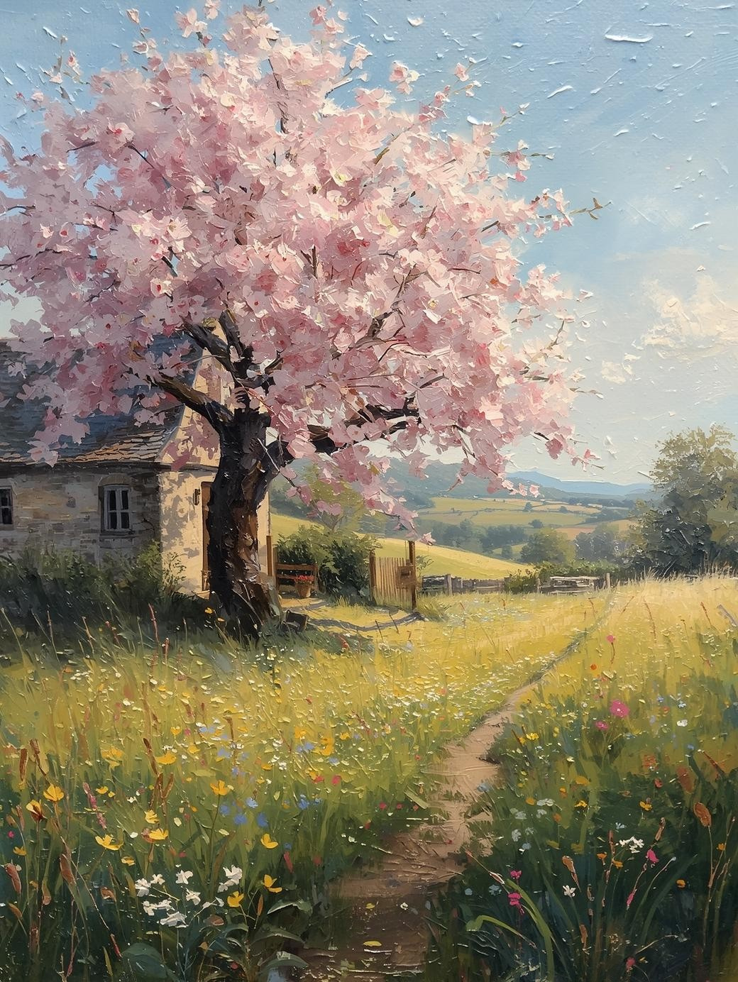 Paint By Number Country Cottage with Cherry Blossom Tree – Blooming Spring Canvas Kit for Adults, Serene Flower Garden & Countryside Scene