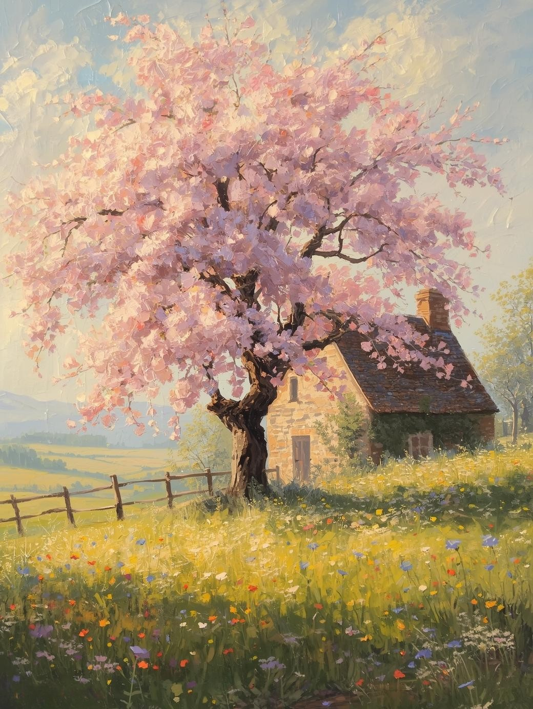 Paint By Number Cottage Garden with Cherry Blossom Tree – Vibrant Spring Canvas DIY Kit, Peaceful Flowers & Charming Countryside