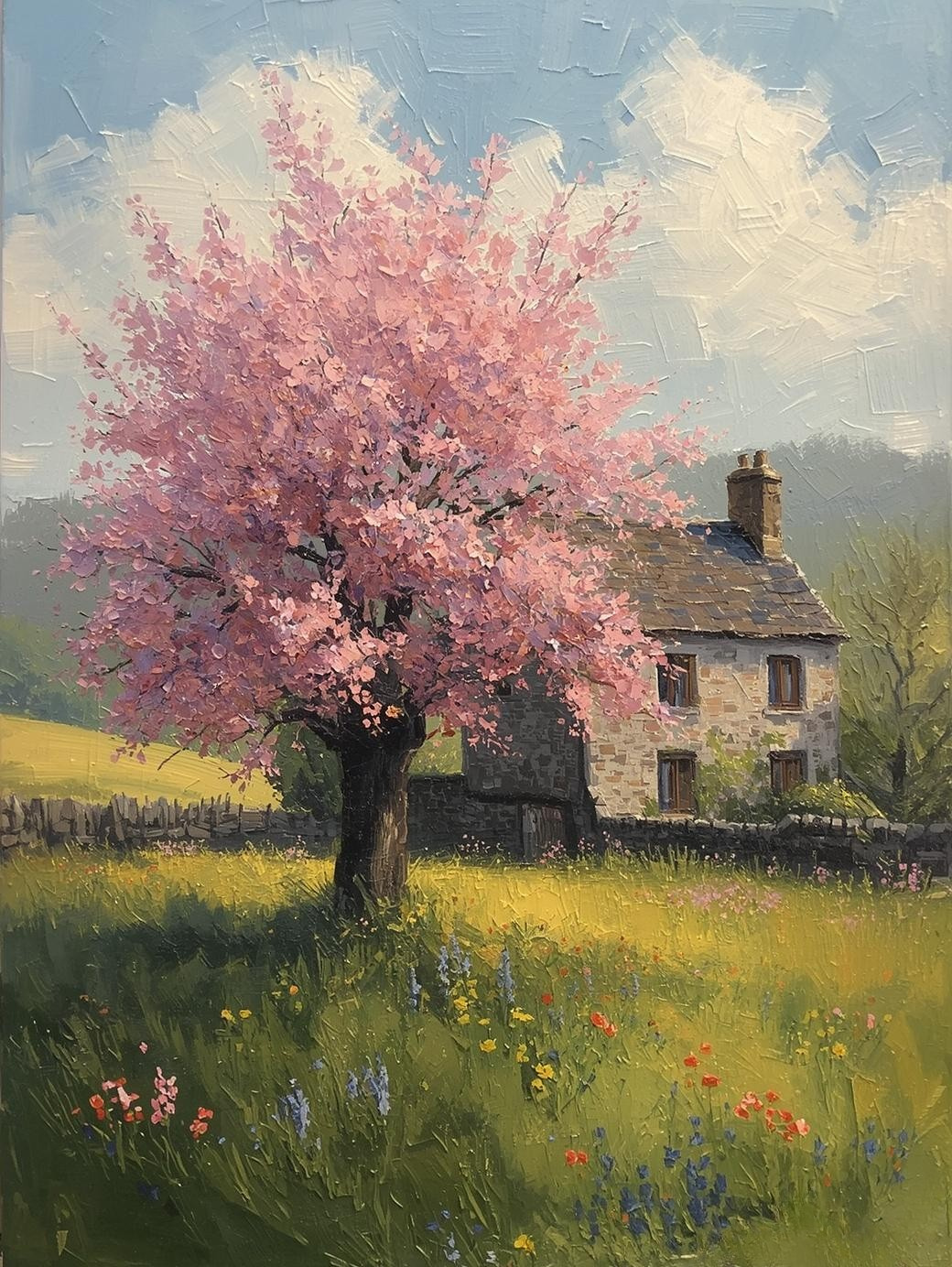 Paint by Number Cherry Blossoms in Front of a Vintage Cottage