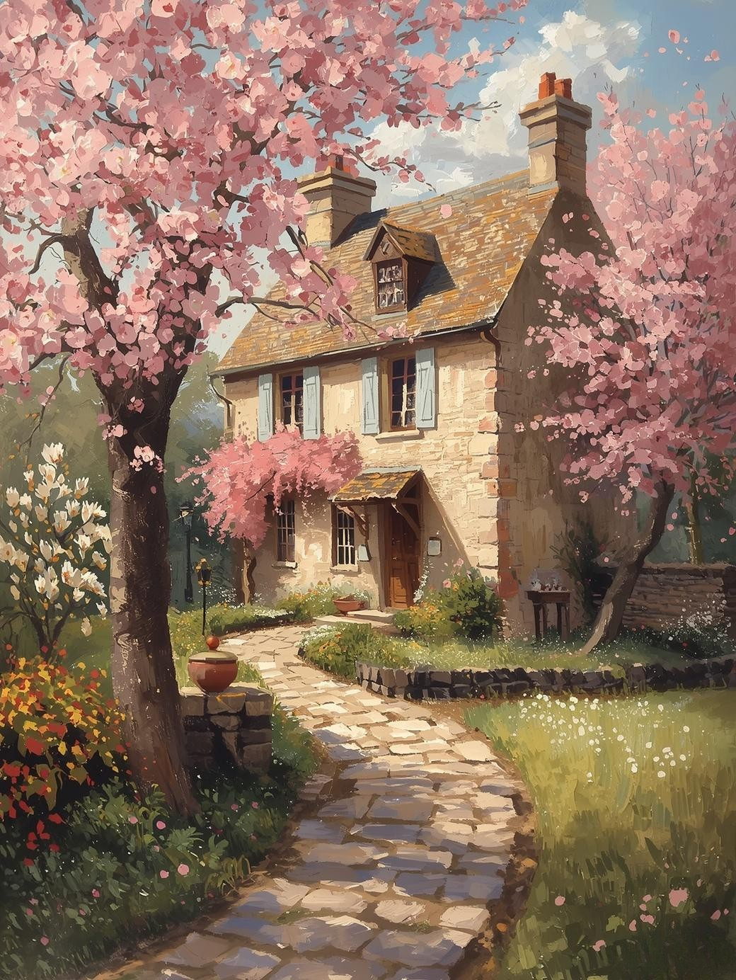 Paint By Number Cherry Blossom Tree Overlooking a Countryside Cottage – Adult Canvas DIY Kit, Peaceful Garden & Blooming Flower Scene