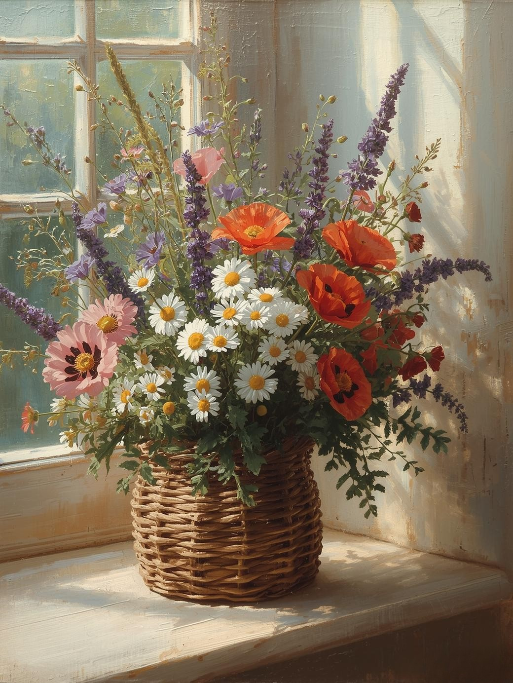 Paint by Number Cottage Basket Filled with Wildflowers – Serene Country Garden Canvas Kit for Adults